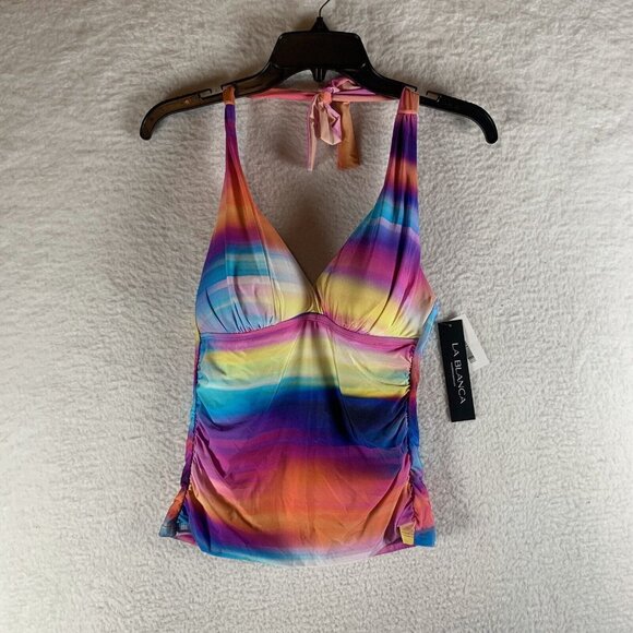 La Blanca Sunset Shores Tankini Top Women 4 Rainbow Striped Halter Neck Swimwear - Picture 1 of 6